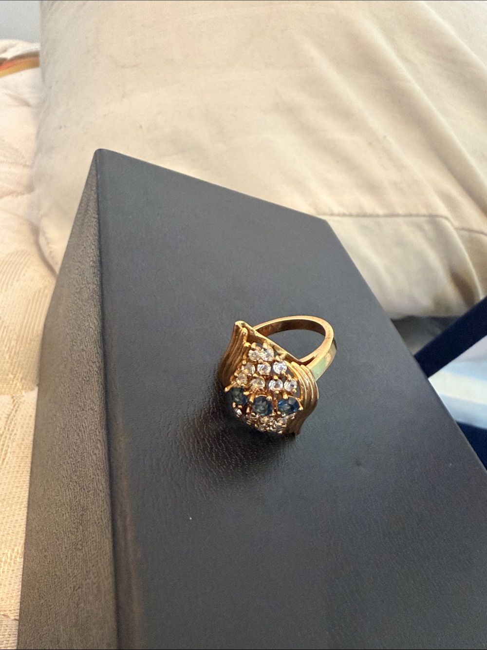 Gold-Tone Cluster Ring with Blue and Clear Stones vintage gold chain
